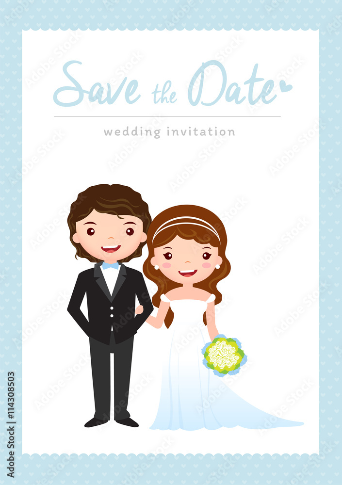 wedding invitation card, groom and bride cartoon wedding template design,  vector illustration Stock Vector | Adobe Stock
