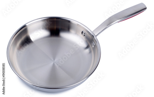 Steel frying pan isolated on white background