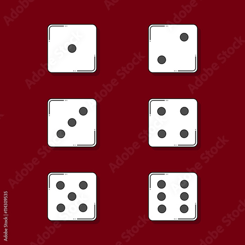 Six colored cartoon-style dice cubes