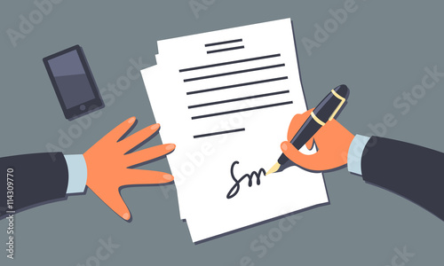 Businessman signing the document. Subjective view perspective. Cartoon style illustration. Clipping mask used.