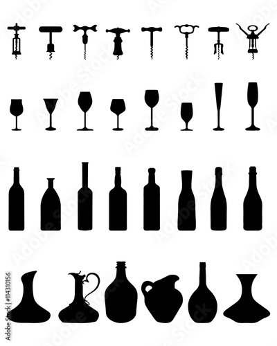 Black silhouettes of bowls, bottles, glasses and corkscrew, vector