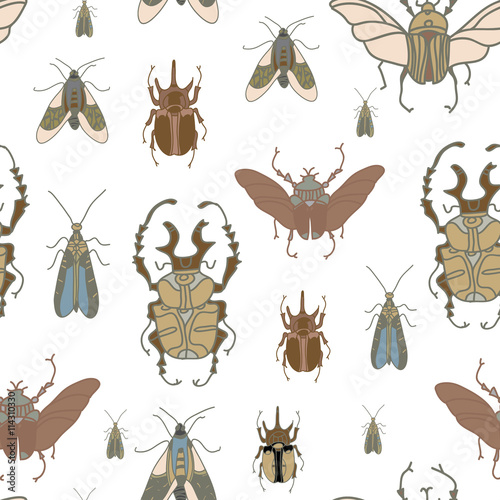Vector seamless pattern with color beetles on white background © jojoe