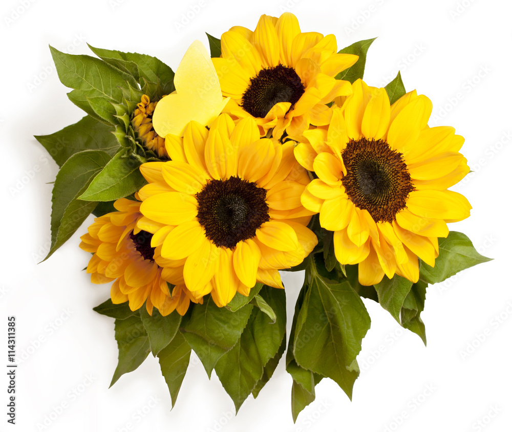 Naklejka premium Bouquet of sunflowers with paper butterfly, on white