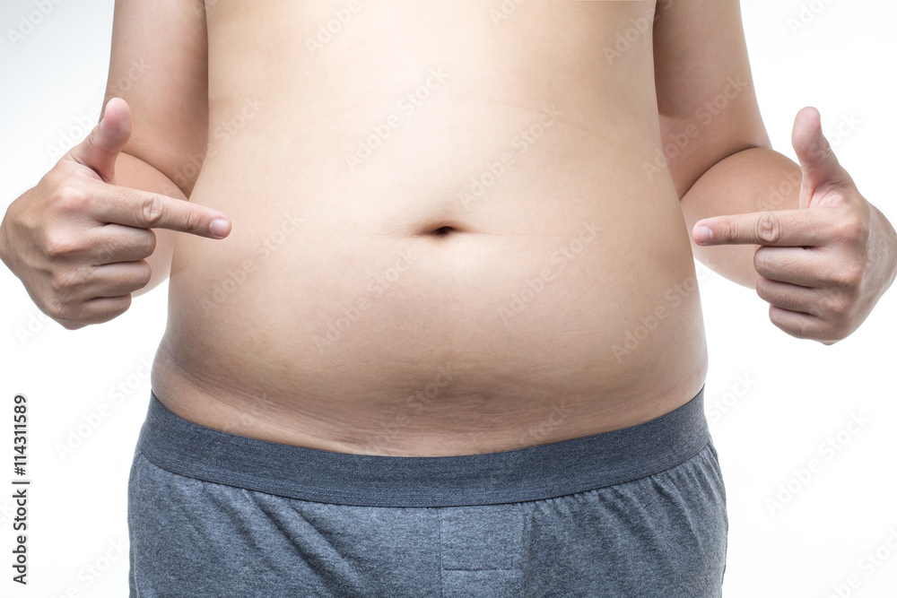 Fototapeta premium overweight man with hand pointing fat belly