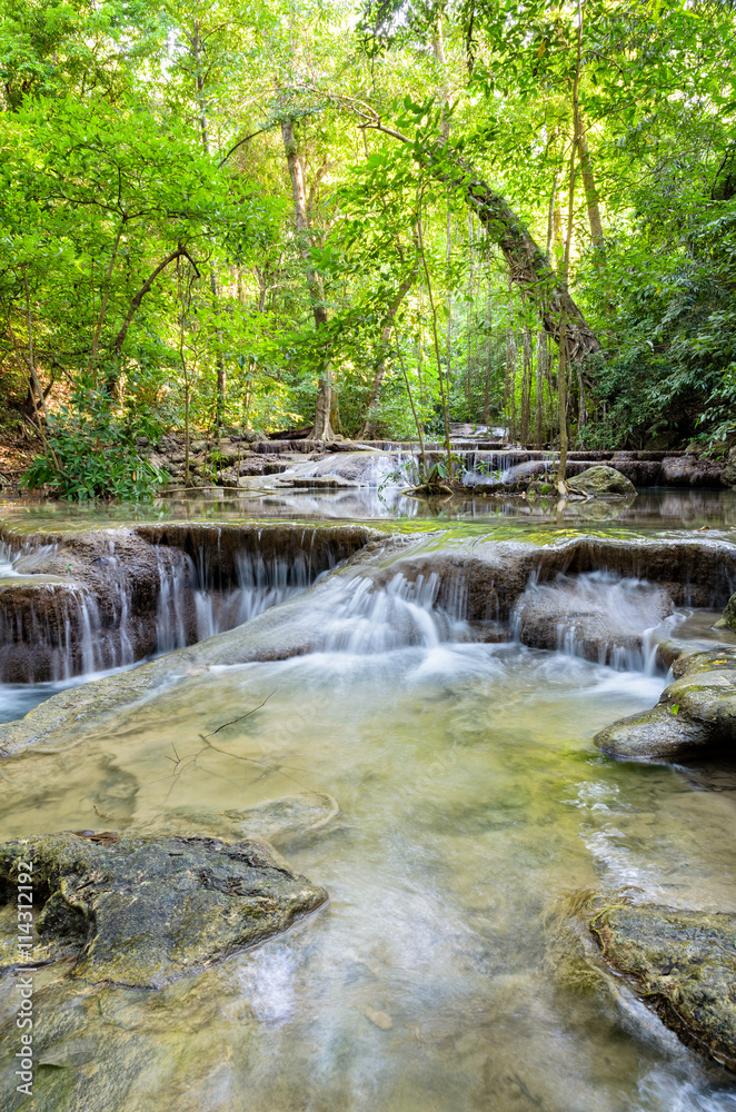 Erawan Beautiful waterfall and tropical forests at Erawan National Park is a famous tourist attraction in Kanchanaburi Province, Thailand in Thailand