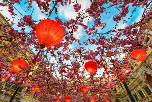 Chinese New Year lanterns with sakura flowers under the artificial blue sky in Venetian Hotel, Macao