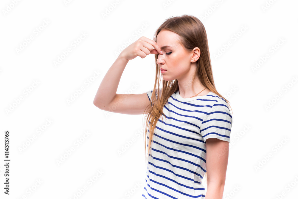 Girl with pain in nose. Migraine. Girl with pain in nose. Migraine.