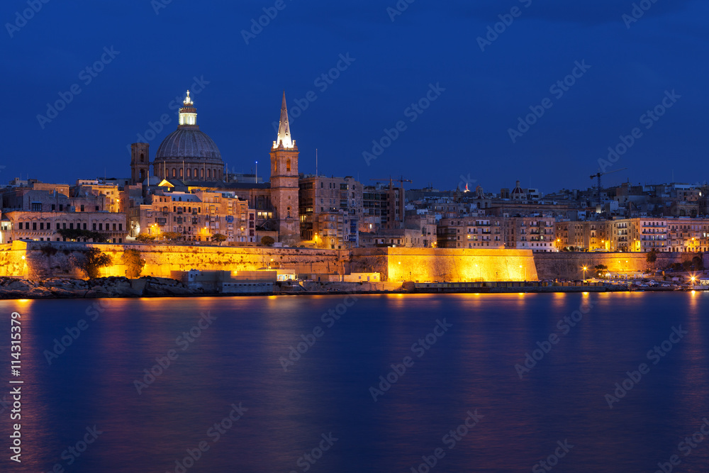Classical view of Malta's capital, Valletta, after sunset 