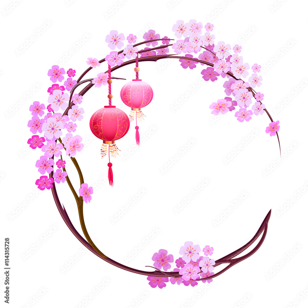 Background with cherry blossoms, spring Japanese festival. On sakura hanging lanterns. It frame can be used for greeting card and invitations.