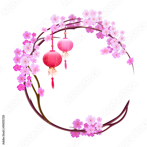 Background with cherry blossoms, spring Japanese festival. On sakura hanging lanterns. It frame can be used for greeting card and invitations.