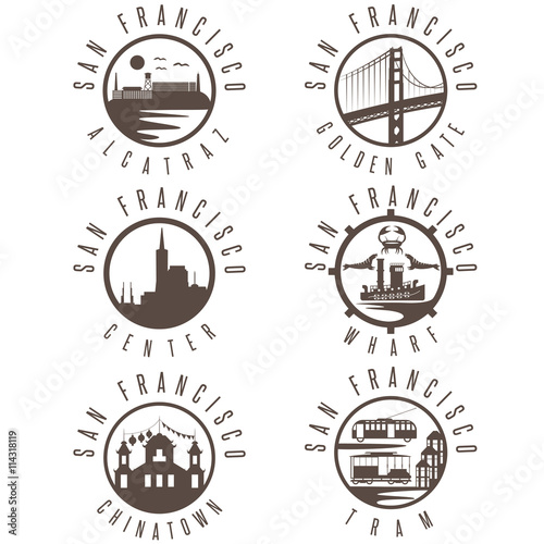 Label set with landmarks of San Francisco California,USA . Wharf