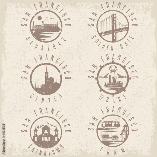Grunge label set with landmarks of San Francisco California,USA