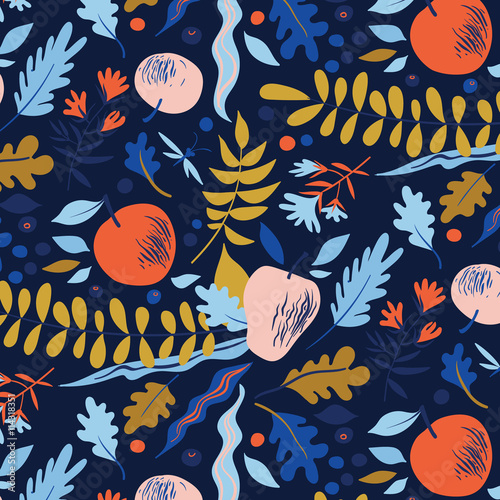 Autumn pattern with leaves, berries, flowers and apples. Good for package for juice, cosmetics or menu design