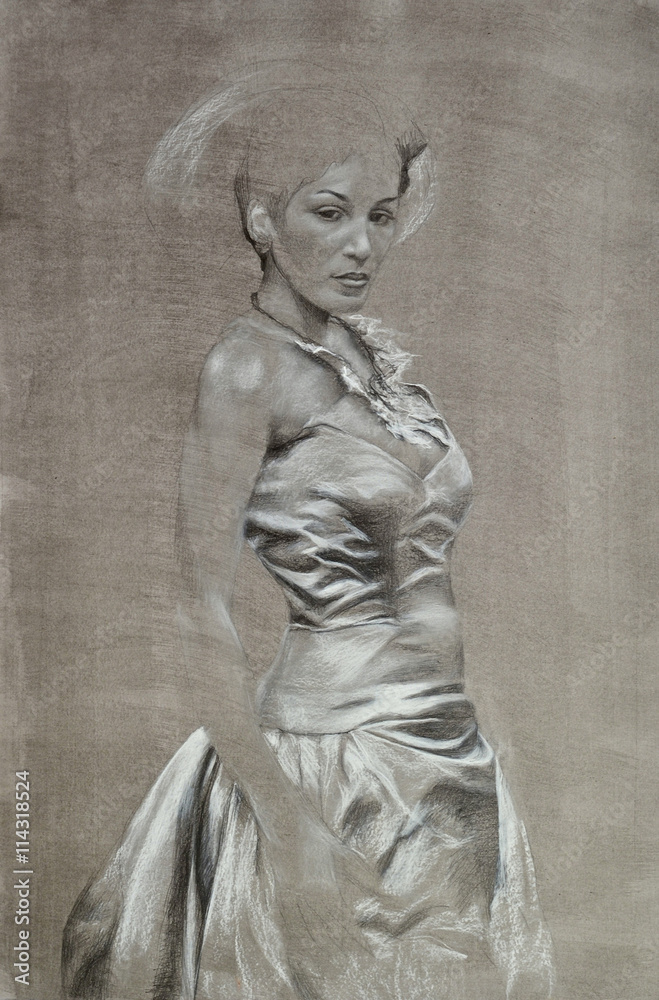 Woman figure. Realistic hand drawn fashion illustration. Graphite pencil and neopastel on ink painted paper