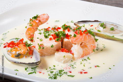 Seafood cream soup with shrimps