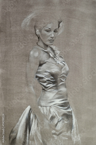 Woman figure. Realistic hand drawn fashion illustration. Graphite pencil and neopastel on ink painted paper © tschertkova