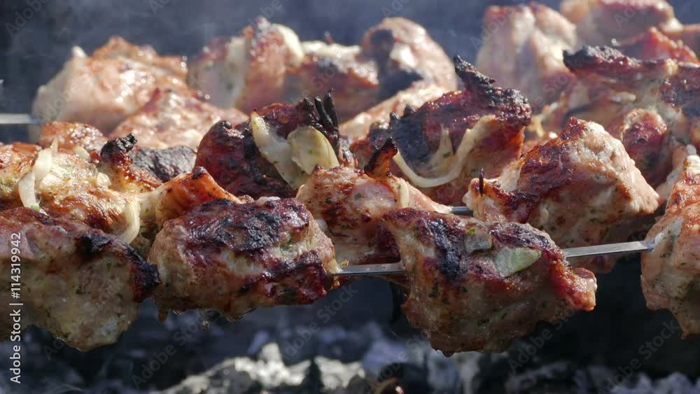 meat cooking on picnic barbecue food fire meat cooking on picnic barbecue food fire