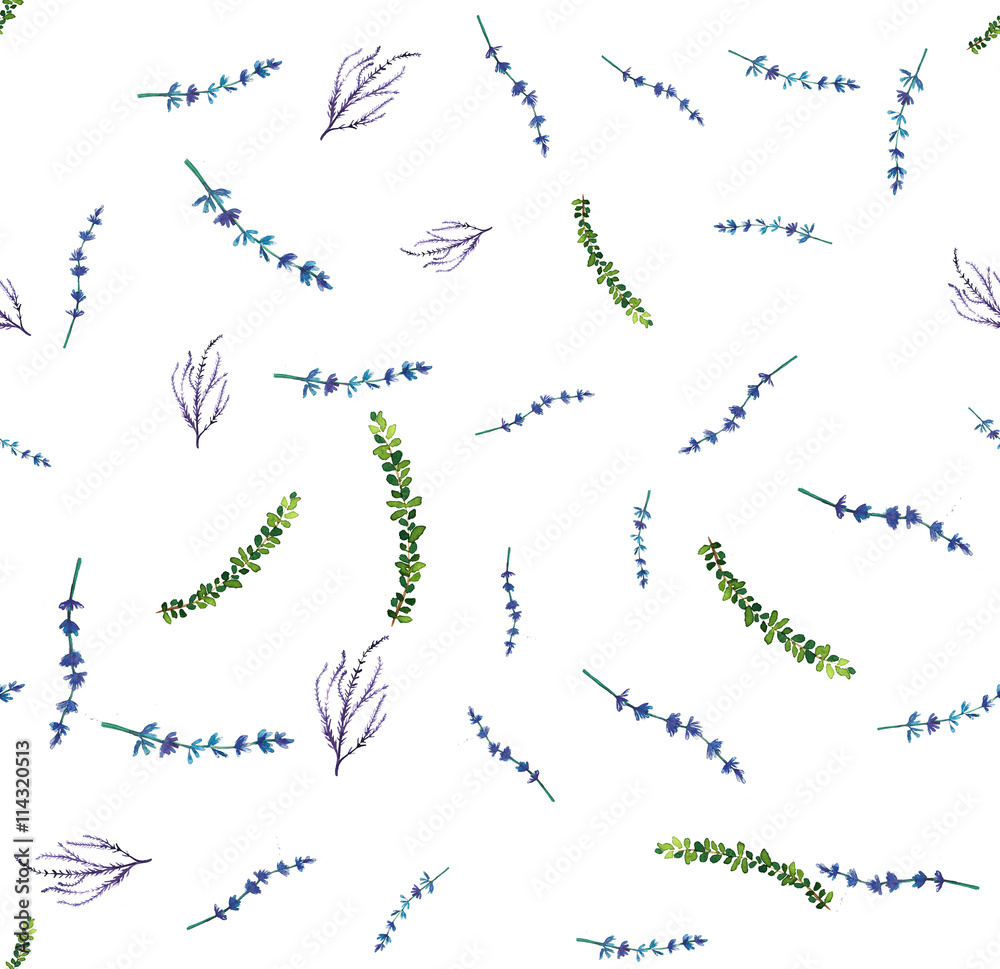 Naklejka premium Watercolor seamless pattern with herbs and leaves.