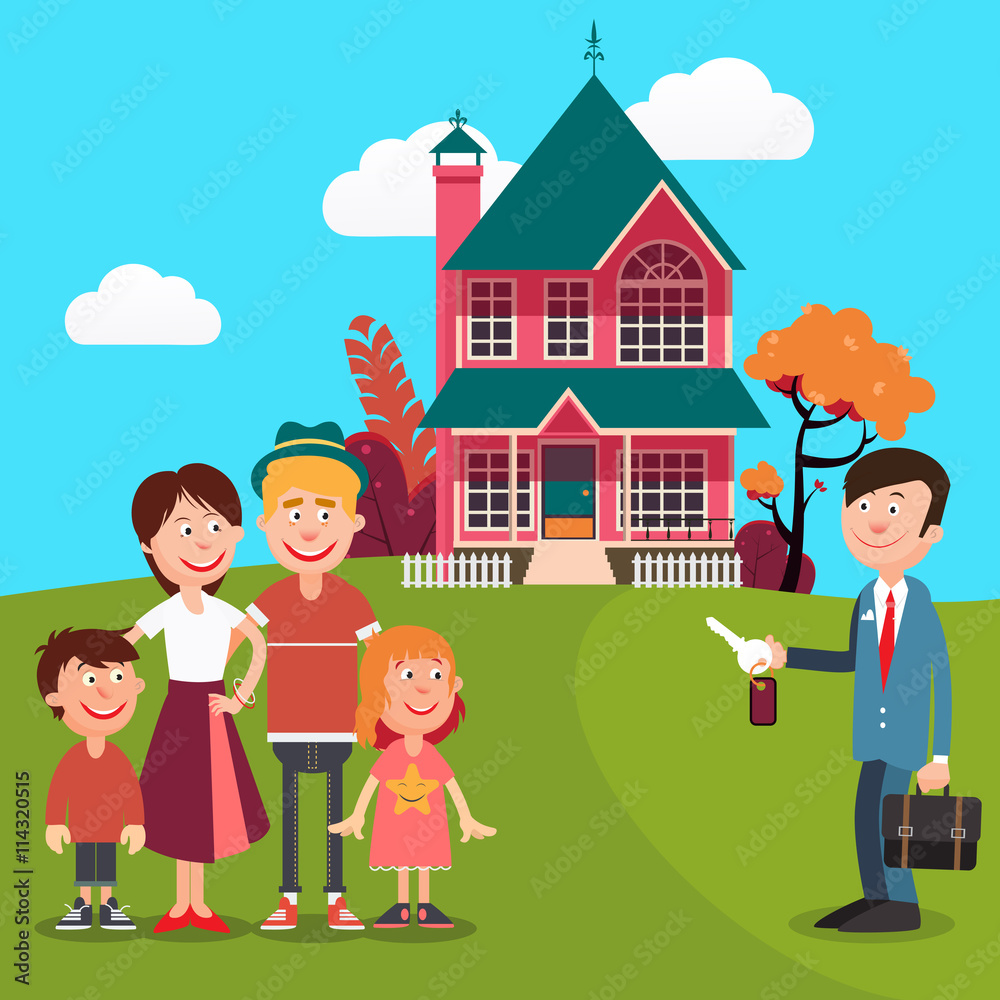 Happy Family Buying a New House. Real Estate Agent with Keys from House. Vector illustration Happy Family Buying a New House. Real Estate Agent with Keys from House. Vector illustration