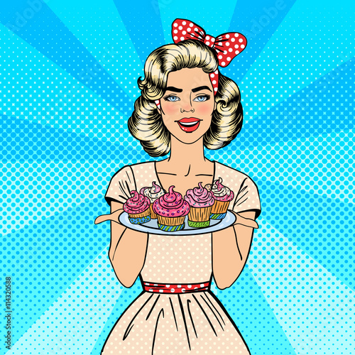 Young Housewife Holding Plate with Cupcakes. Woman Baking Cupcakes. Pop Art. Vector illustration