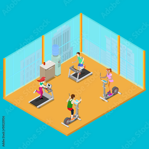 Isometric Fitness Club with Training Apparatus and Active People. Healthy Lifestyle. Vector illustration