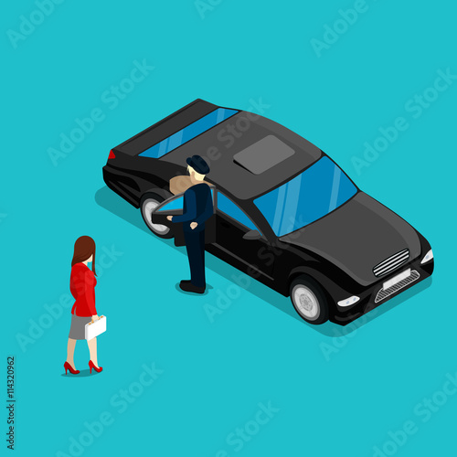 Successful Business Woman Near Luxury Car. Isometric People. Vector illustration