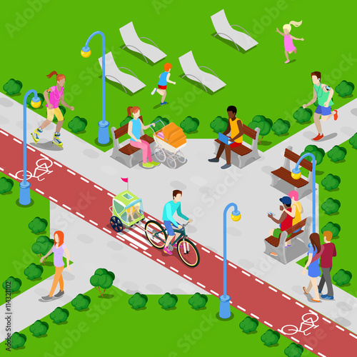 Isometric City Park with Bicycle Path