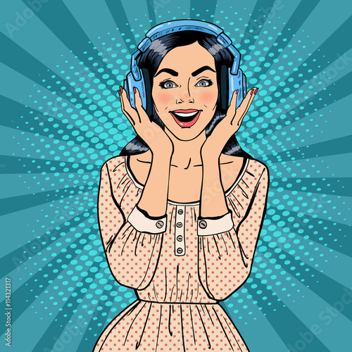 Excited Young Woman Listening Music. Girl in Headphones. Pop Art. Vector illustration