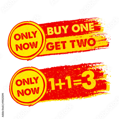 only now, buy one get two, 1 plus 1 is 3, drawn labels, vector