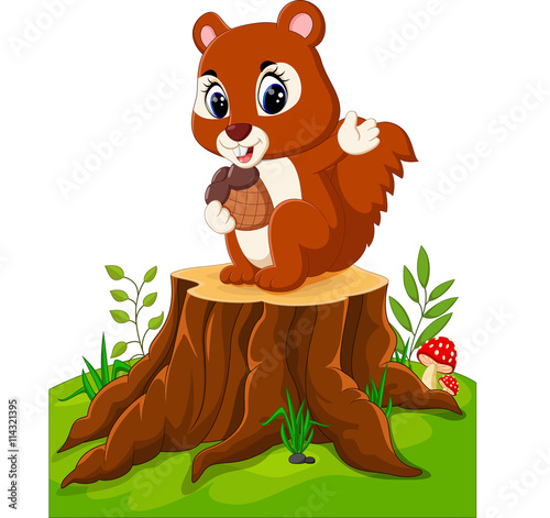 Cartoon funny squirrel holding pine cone on tree stump