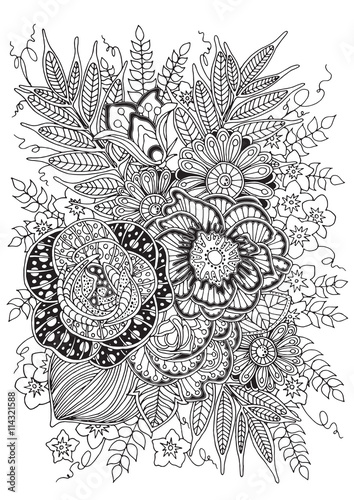 Coloring page for adults and older children for your hobby, have a good time and relax. Black and white coloring page. Floral background with flowers. 