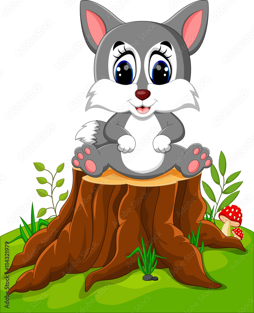 Fototapeta premium Cartoon wolf sitting on tree stump