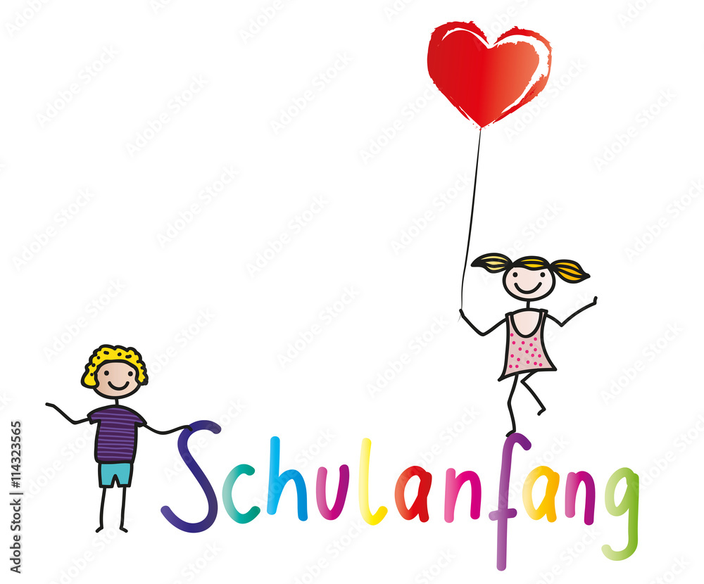 Banner mit Schriftzug Schulanfang, Schulbeginn und Einschulung, fröhliche  Kinder kommen in die Schule Stock-Vektorgrafik | Adobe Stock