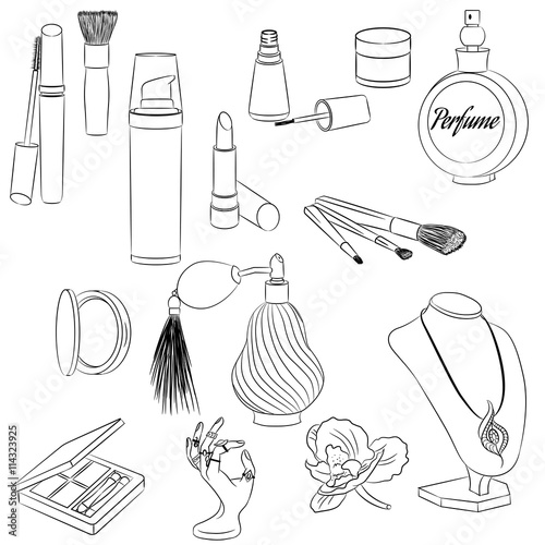 A set of fashion accessories. Cosmetics, perfumes, jewelry on a 