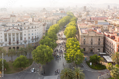 Cityscape including la rambla in Barcelona, Spain