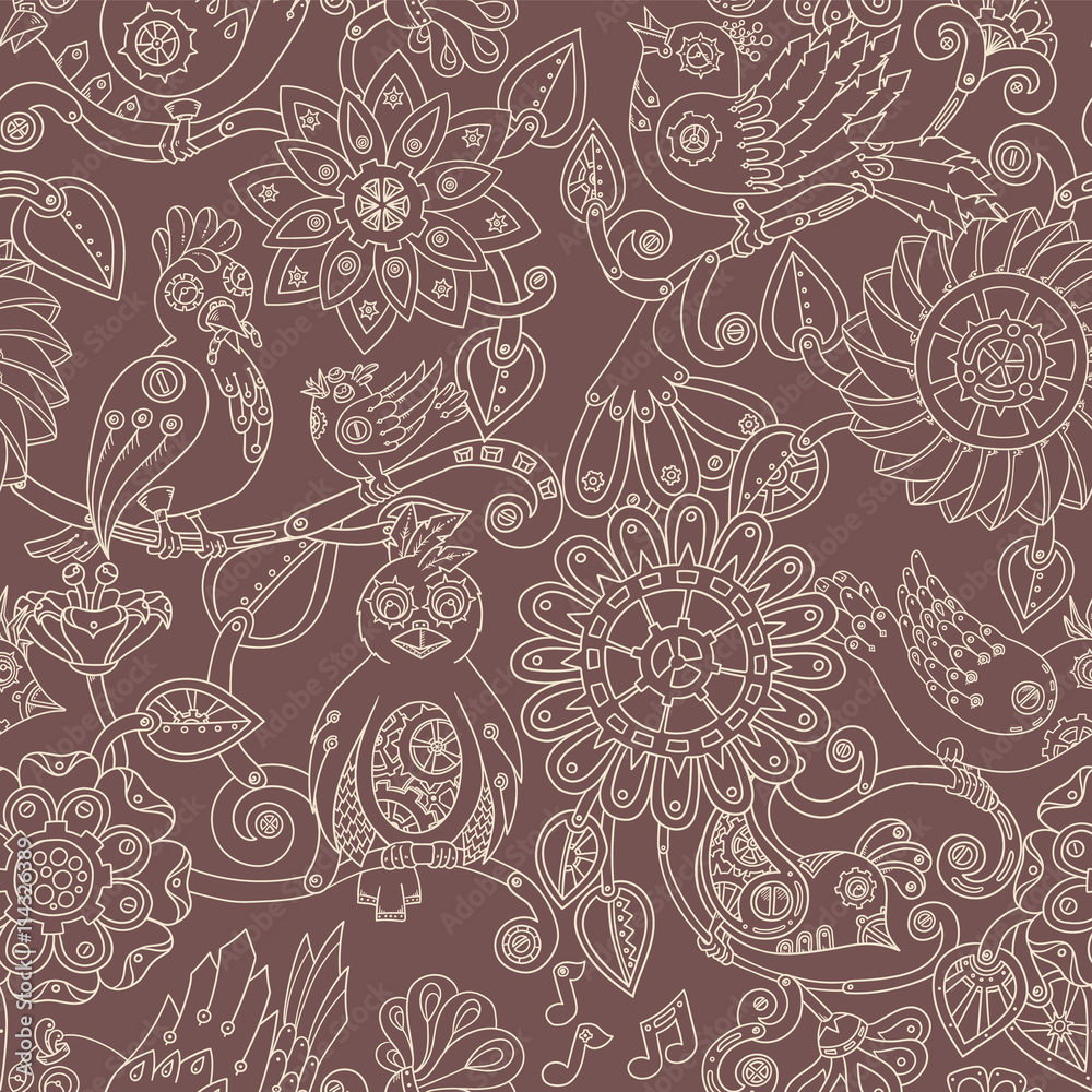 Doodle seamless background with steampunk birds and flowers. Vector ethnic pattern can be used for wallpaper, pattern fills, invitations, book cover, web pages. Hand drawn pattern. Doodle seamless background with steampunk birds and flowers. Vector ethnic pattern can be used for wallpaper, pattern fills, invitations, book cover, web pages. Hand drawn pattern.