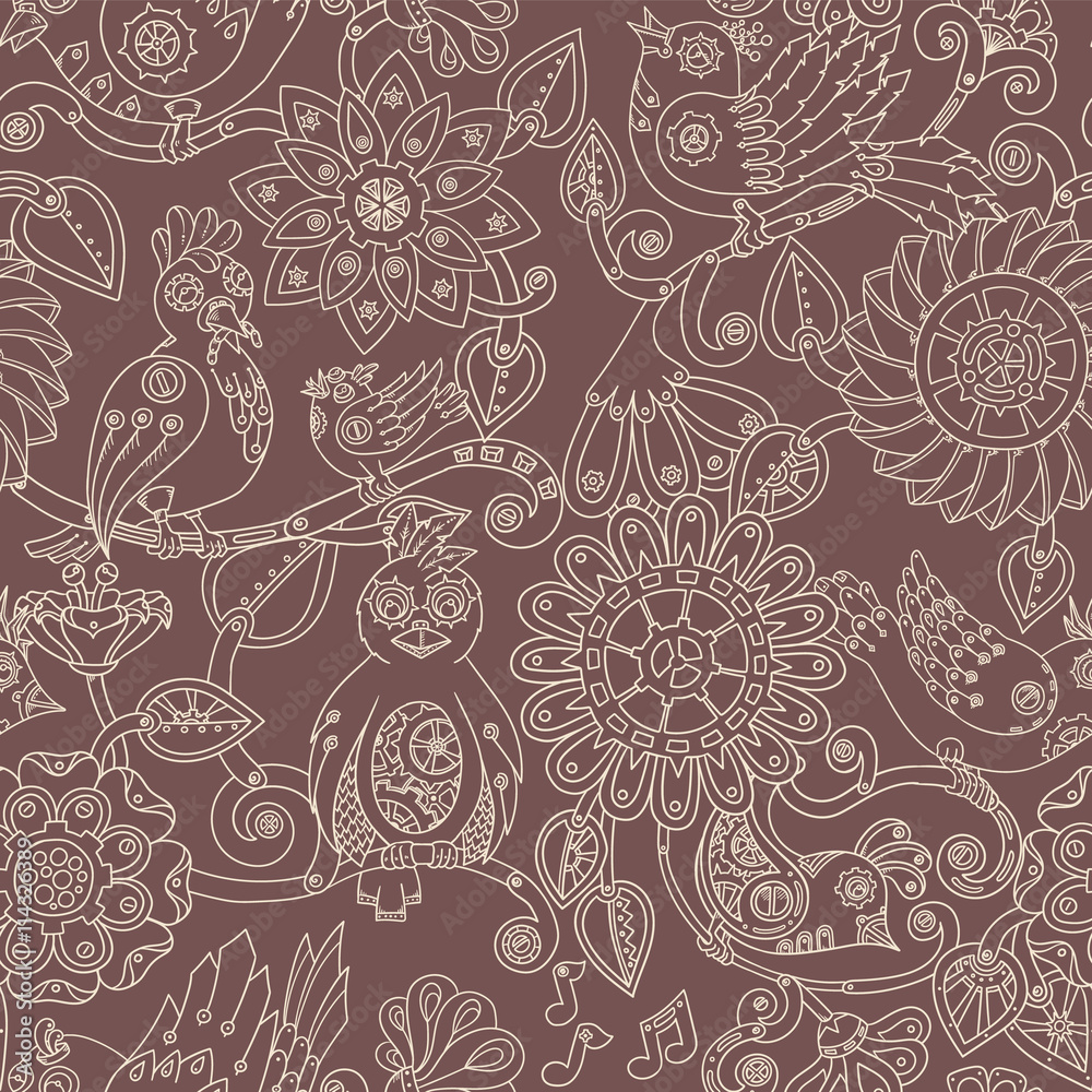 Doodle seamless background with steampunk birds and flowers. Vector ethnic pattern can be used for wallpaper, pattern fills, invitations, book cover, web pages. Hand drawn pattern.