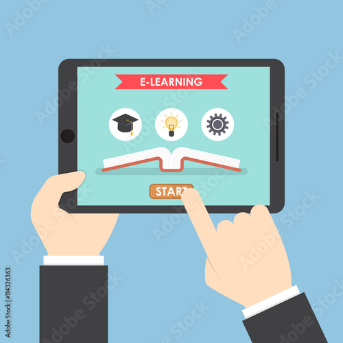 Businessman hands holding tablet computer with e-learning system