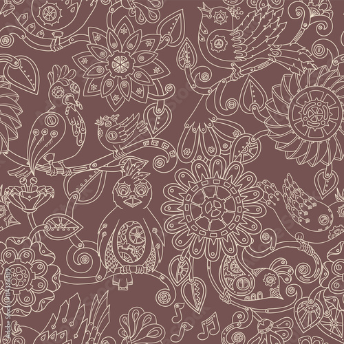 Doodle seamless background with steampunk birds and flowers. Vector ethnic pattern can be used for wallpaper  pattern fills  invitations  book cover  web pages. Hand drawn pattern.