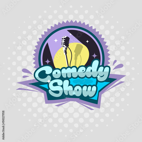 Comedy Show  Emblem Template.  Microphone Vector Illustration