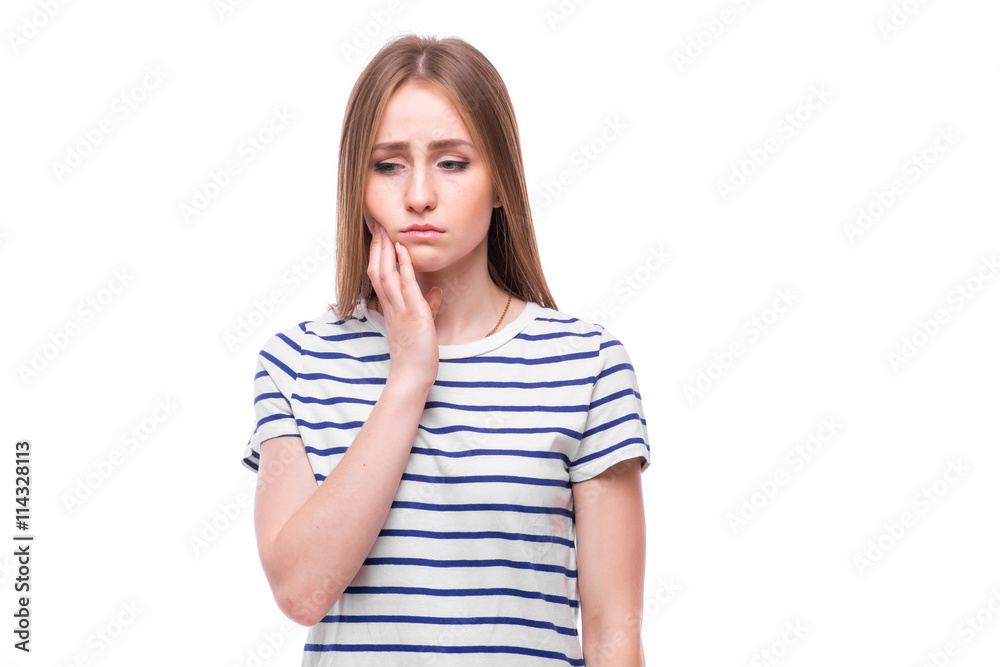 Sad girl with dental tooth pain on white background. Sad girl with dental tooth pain on white background.