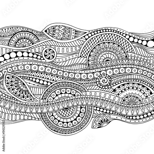 Ethnic floral zentangle, doodle background pattern in vector. Henna paisley mehndi doodles design tribal design element. Black and white pattern for coloring book for adults and kids.