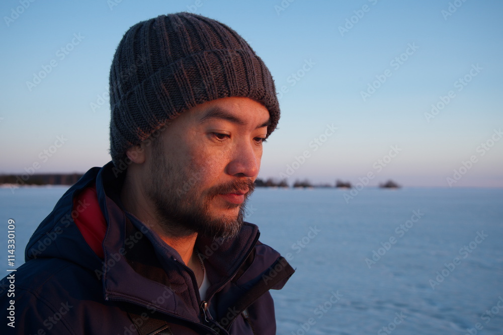 man portrait with ice lake outdoor man portrait with ice lake outdoor