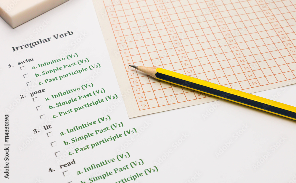 english exercise and answer sheet and pencil on table english exercise and answer sheet and pencil on table