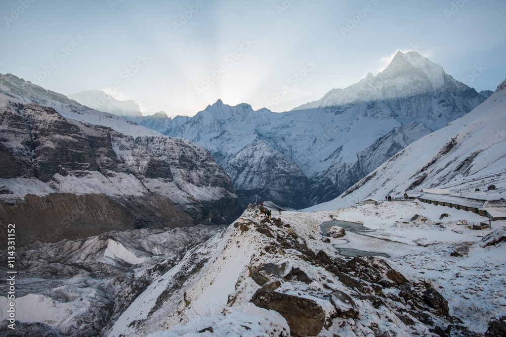 Sunrise at Annapurna base camp in Annapurna conservation area of Nepal.