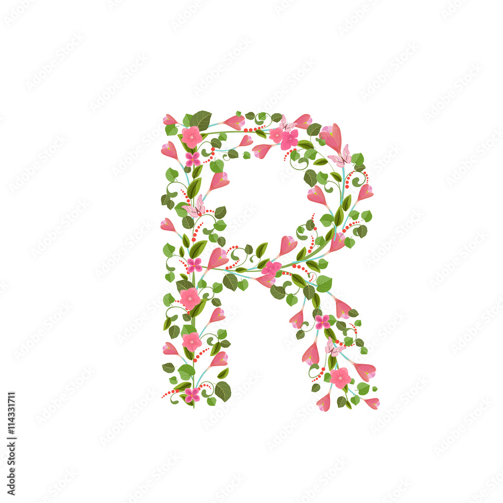Floral font with with spring pink flowers. Romantic alphabet let