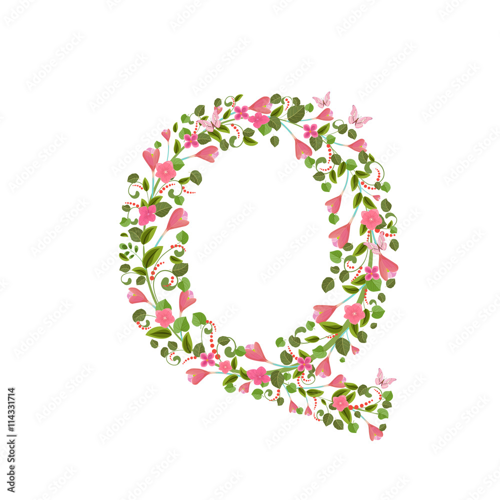 Floral font with with spring pink flowers. Romantic alphabet let Floral font with with spring pink flowers. Romantic alphabet let