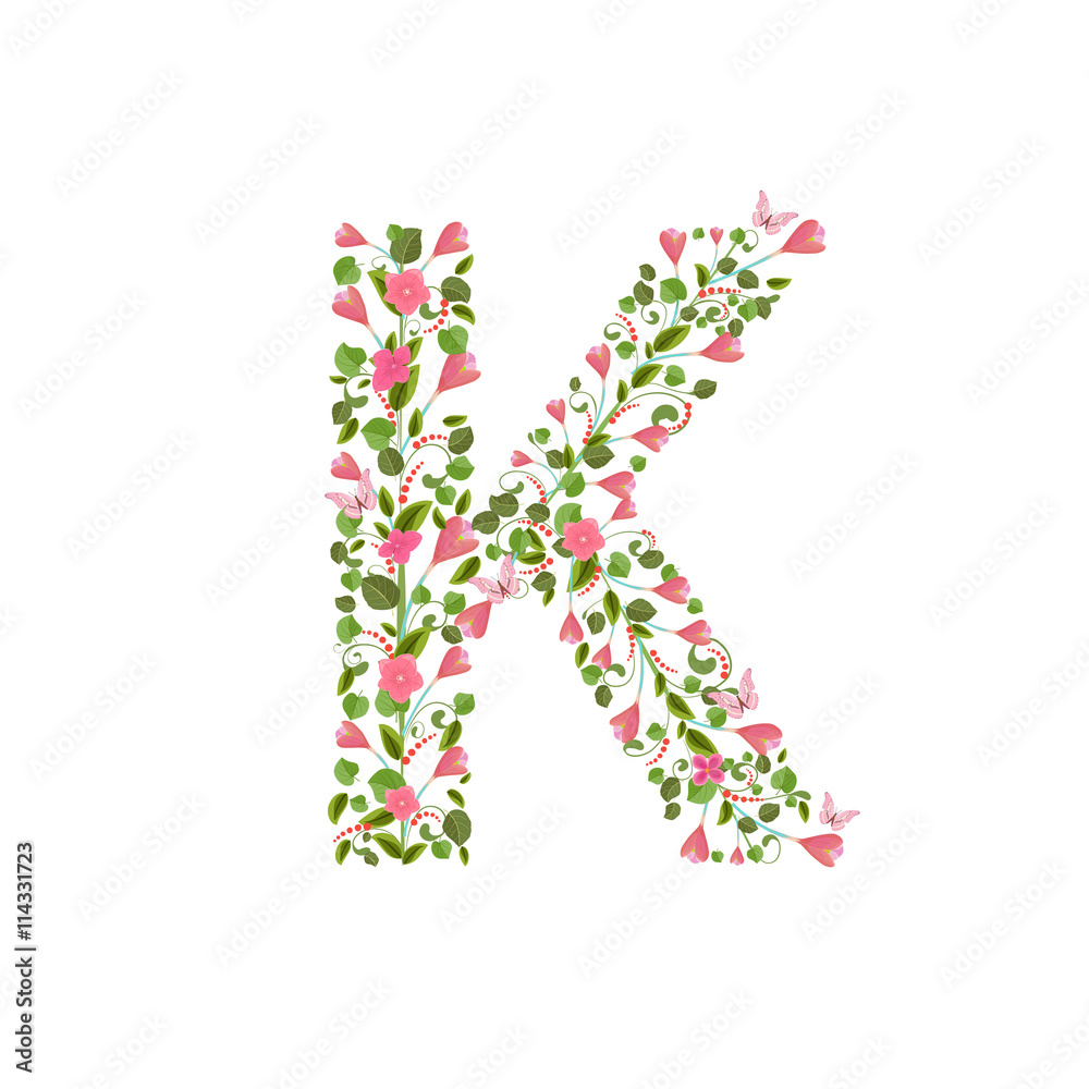 Floral font with with spring pink flowers. Romantic alphabet let Floral font with with spring pink flowers. Romantic alphabet let