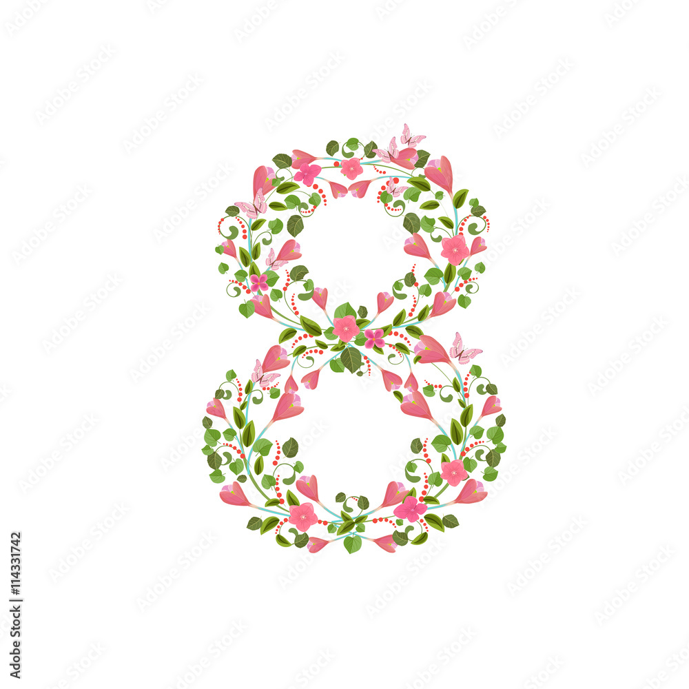 Floral font with spring pink flowers. Romantic number eight