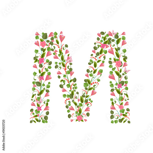 Floral font with with spring pink flowers. Romantic alphabet let